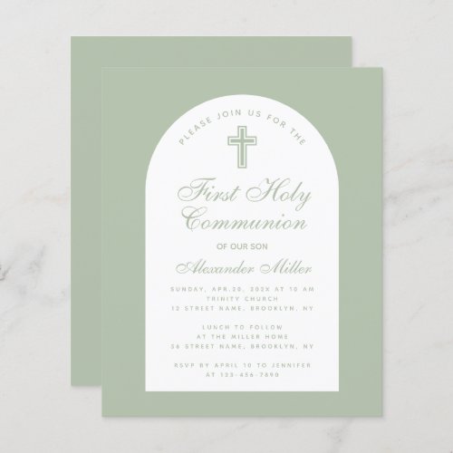 First Holy Communion Sage Green Budget Invitation