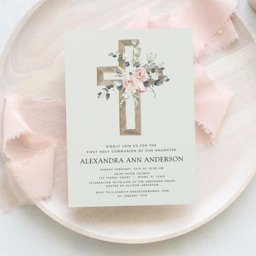 First Holy Communion Sage Green Dusty Pink Rose Invitation
