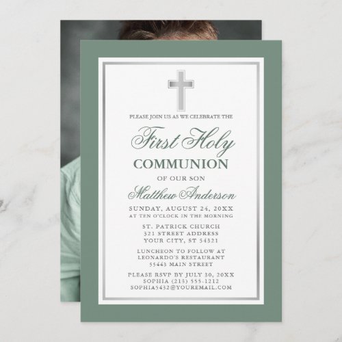 First Holy Communion Sage Green Silver Photo Invitation