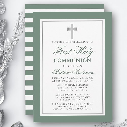First Holy Communion Sage Green Silver Striped Invitation