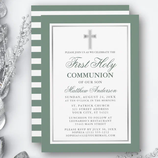 First Holy Communion Sage Green Silver Striped Invitation | Zazzle