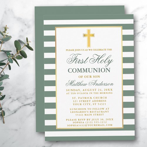 First Holy Communion Sage Green Striped Gold Invitation