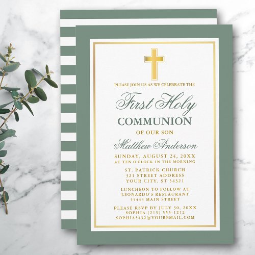 First Holy Communion Sage Green Stripes Gold Invitation