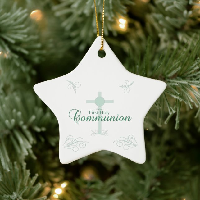 First Holy Communion, Script in Soft Green Ceramic Ornament (Tree)