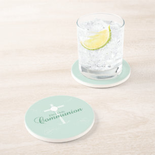 First Holy Communion, Script in Soft Green Drink Coaster