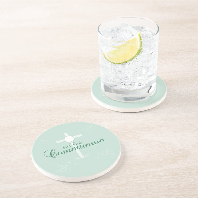 First Holy Communion, Script in Soft Green Drink Coaster (Side)