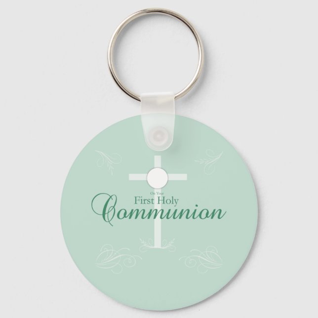 First Holy Communion, Script in Soft Green Keychain (Front)