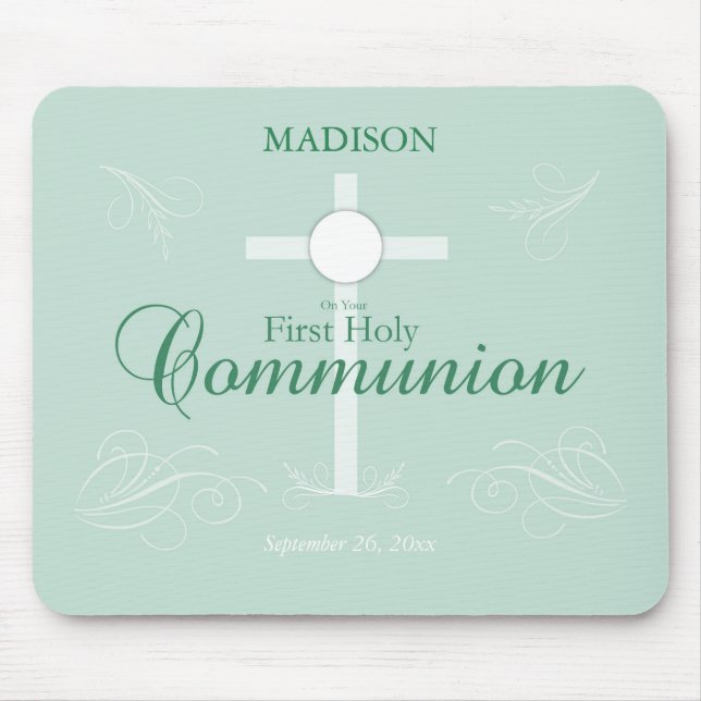 First Holy Communion, Script in Soft Green Mouse Pad (Front)