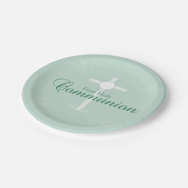 First Holy Communion, Script in Soft Green Paper Plates (Angled)