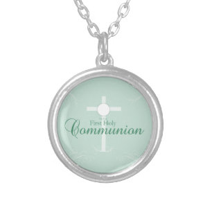 First Holy Communion, Script in Soft Green Silver Plated Necklace