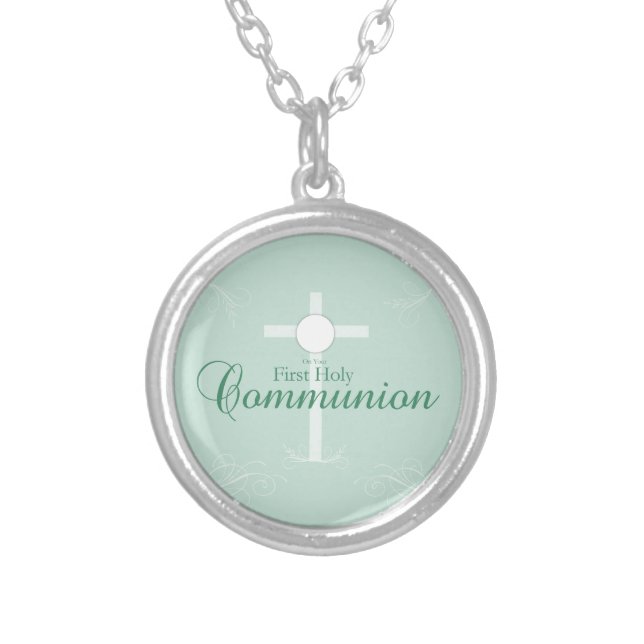 First Holy Communion, Script in Soft Green Silver Plated Necklace (Front)