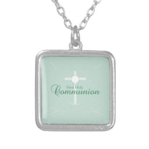 First Holy Communion, Script in Soft Green Silver Plated Necklace