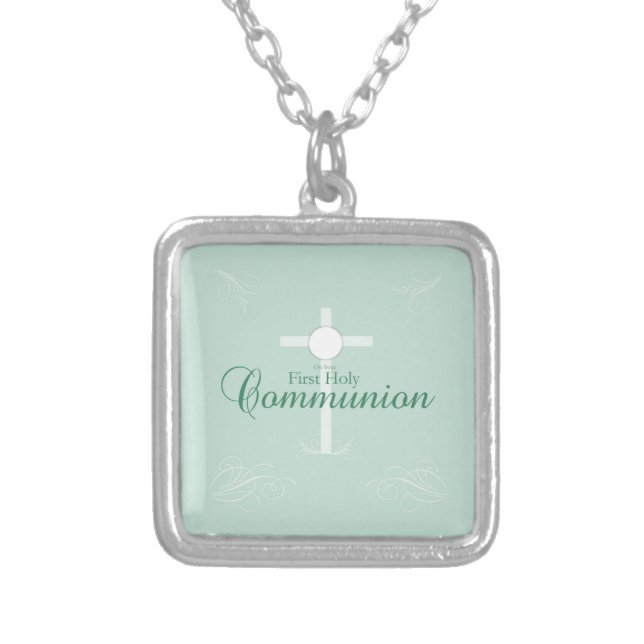 First Holy Communion, Script in Soft Green Silver Plated Necklace (Front)