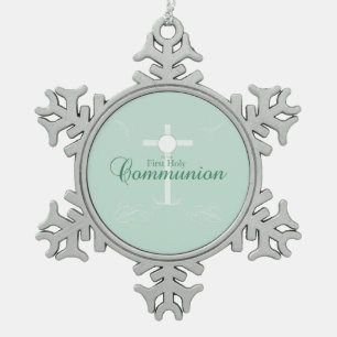 First Holy Communion, Script in Soft Green Snowflake Pewter Christmas Ornament