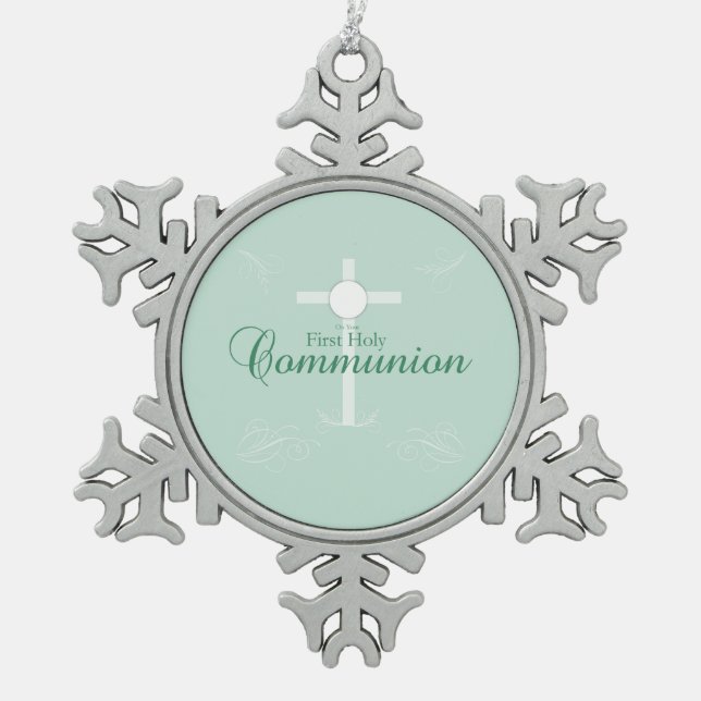 First Holy Communion, Script in Soft Green Snowflake Pewter Christmas Ornament (Front)