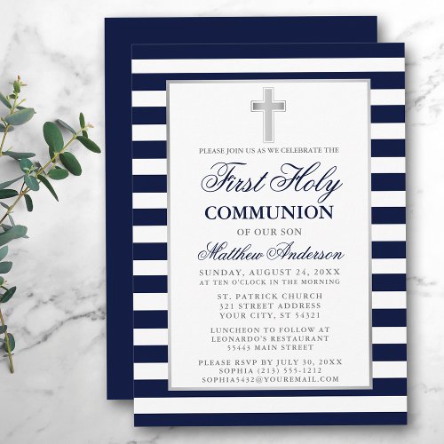 First Holy Communion Silver Blue Striped Invitation