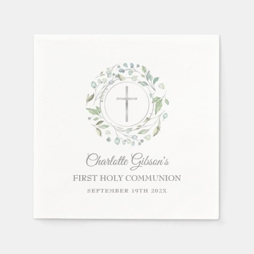 First Holy Communion Silver Cross Greenery Napkins