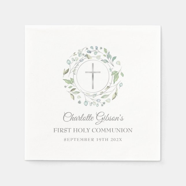 First Holy Communion Silver Cross Greenery Napkins (Front)