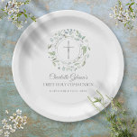 First Holy Communion Silver Cross Greenery Paper Plates<br><div class="desc">A decorative laurel greenery leaf garland with silver rings and a cross sit above your special holy communion details on this elegant paper plate design. Designed by Thisisnotme©</div>