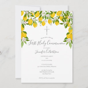 First Holy Communion Silver Cross Lemons Greenery Invitation