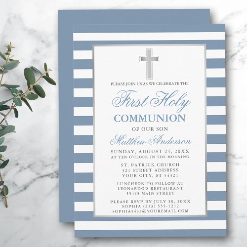 First Holy Communion Silver Dusty Blue Striped Invitation