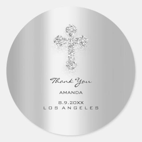 First Holy Communion Silver Gray Christian Cross  Classic Round Sticker