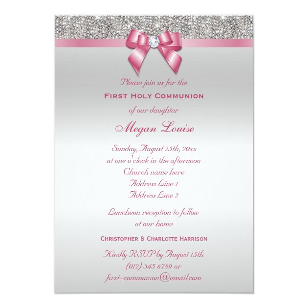 First Holy Communion Silver Jewels, Bow & Diamond Invitation