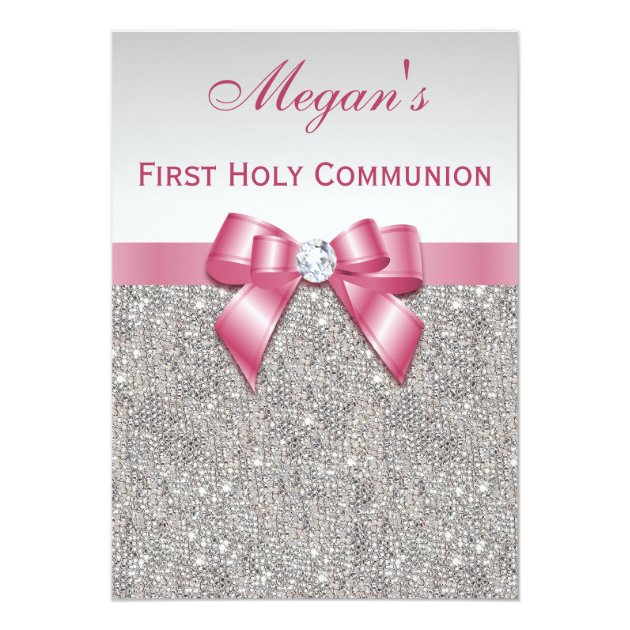 First Holy Communion Silver Jewels, Bow & Diamond Invitation