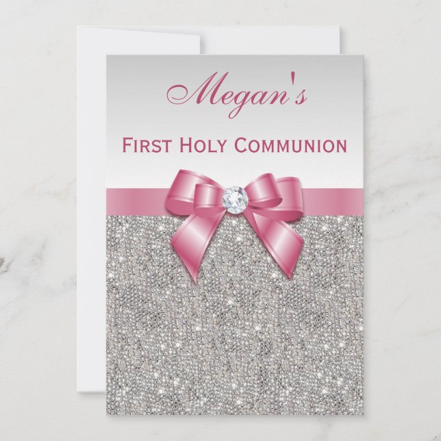 First Holy Communion Silver Jewels, Bow & Diamond Invitation (Front)