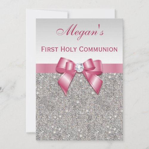 First Holy Communion Silver Jewels, Bow &amp; Diamond Custom Invitations
