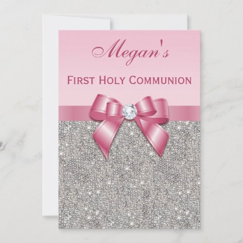 First Holy Communion Silver Jewels, Bow &amp; Diamond Custom Invites