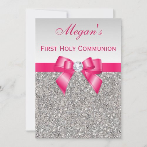 First Holy Communion Silver Jewels, Hot pink Bow Invitation
