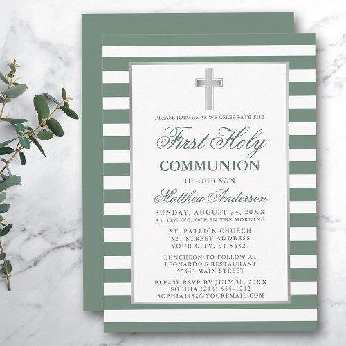 First Holy Communion Silver Sage Green Striped Invitation