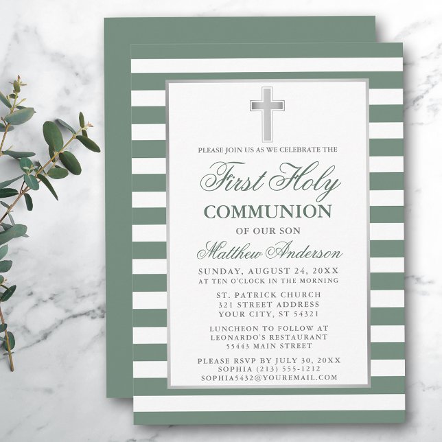 First Holy Communion Silver Sage Green Striped Invitation (Customize to change text size, color or text style.)
