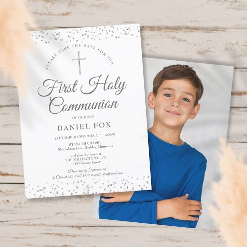 First Holy Communion Silver Save The Date Photo Announcement Postcard