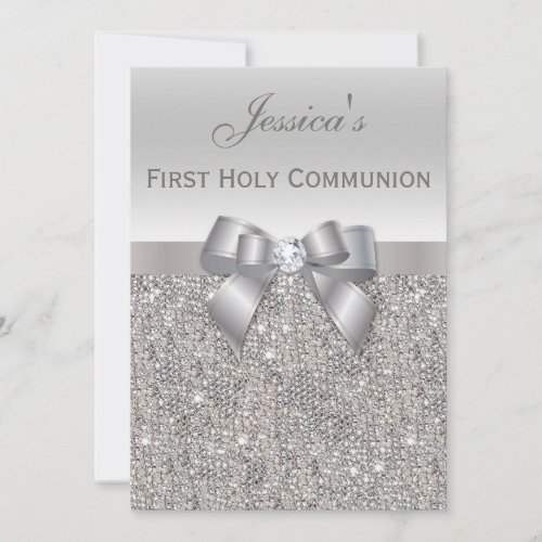 First Holy Communion Silver Sequins and Bow Invitation