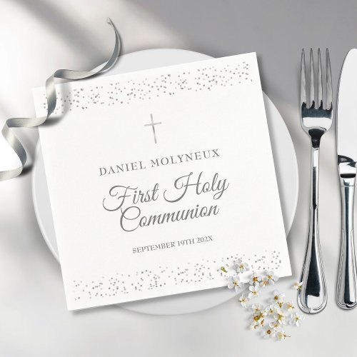 First Holy Communion Silver Stardust Cross Napkins