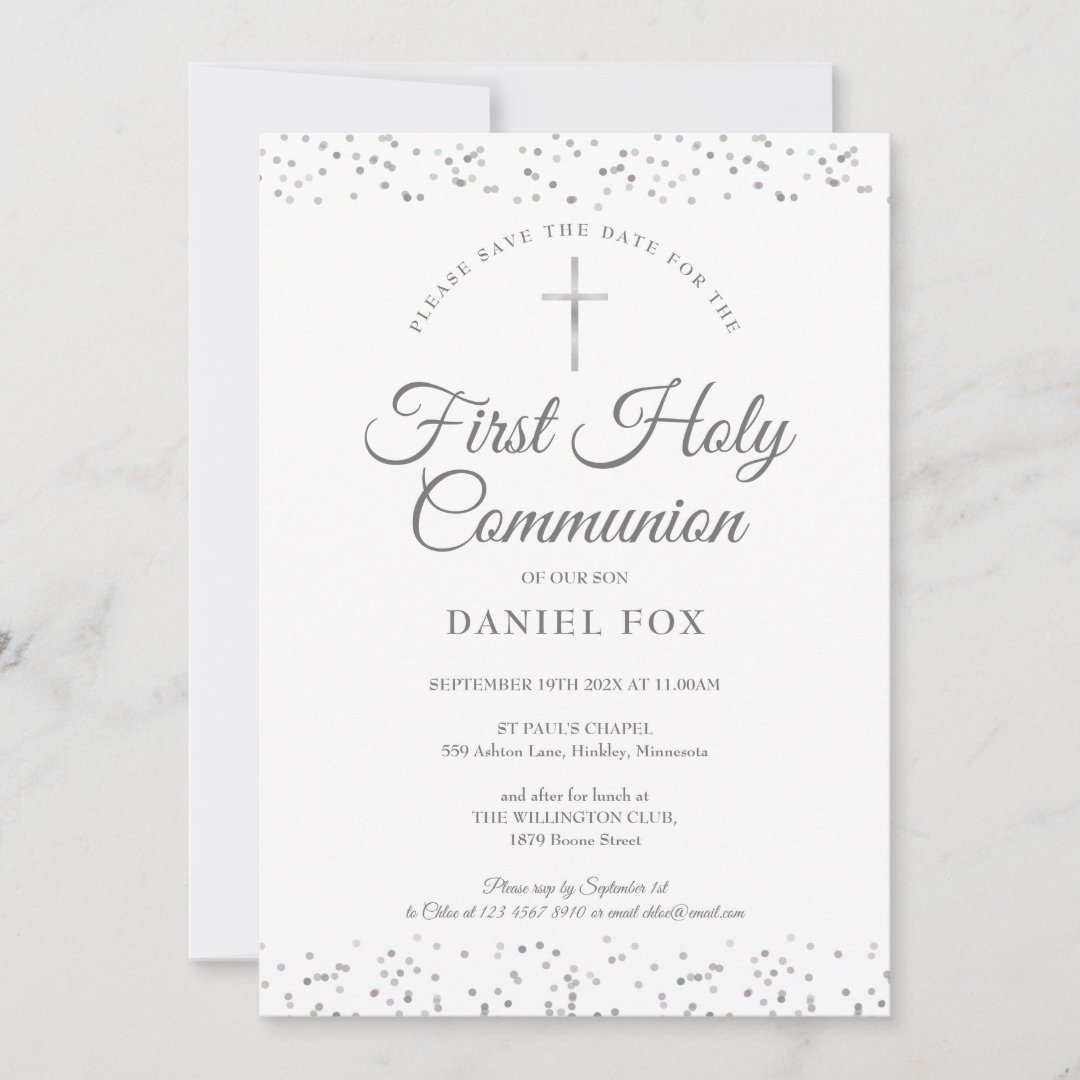 First Holy Communion Silver Stardust Save The Date | Zazzle