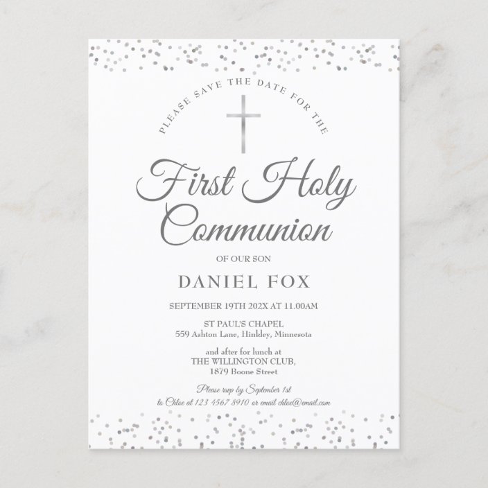 First Holy Communion Silver Stardust Save The Date Announcement ...