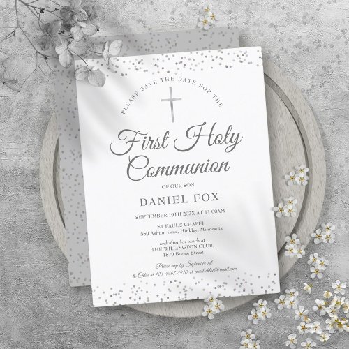 First Holy Communion Silver Stardust Save The Date Announcement Postcard