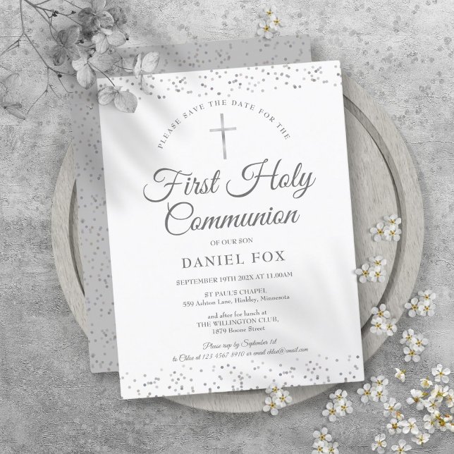 First Holy Communion Silver Stardust Save The Date Announcement Postcard (First Holy Communion Silver Stardust Save The Date Announcement Postcard)