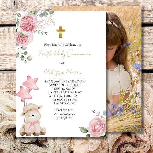 First Holy Communion Sweet Little Lamb Pink Roses  Invitation