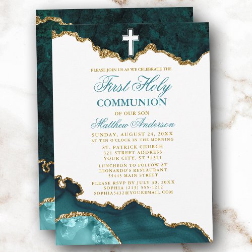 First Holy Communion Teal Gold Marble Geode Invitation