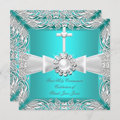 First Holy Communion Teal White Silver Girl Boy 2 Invitation