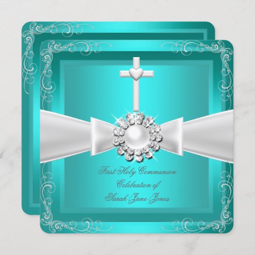 First Holy Communion Teal White Silver Girl Boy Invitation