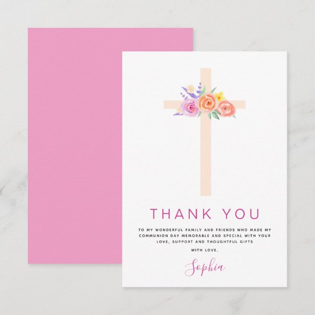 First Holy Communion Thank You Floral Pink Rose (Front/Back)