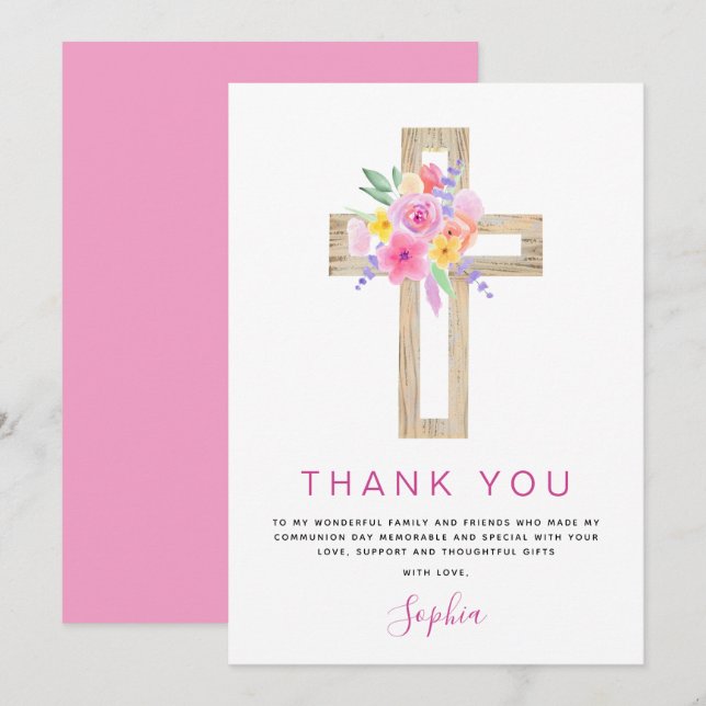 First Holy Communion Thank You Floral Pink Rose (Front/Back)