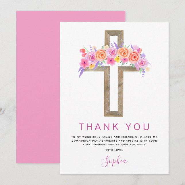 First Holy Communion Thank You Floral Pink Rose (Front/Back)