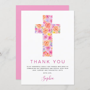 First Holy Communion Thank You Floral Pink Rose Invitation