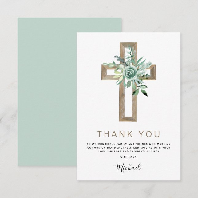 First Holy Communion Thank You Greenery Sage Invit (Front/Back)